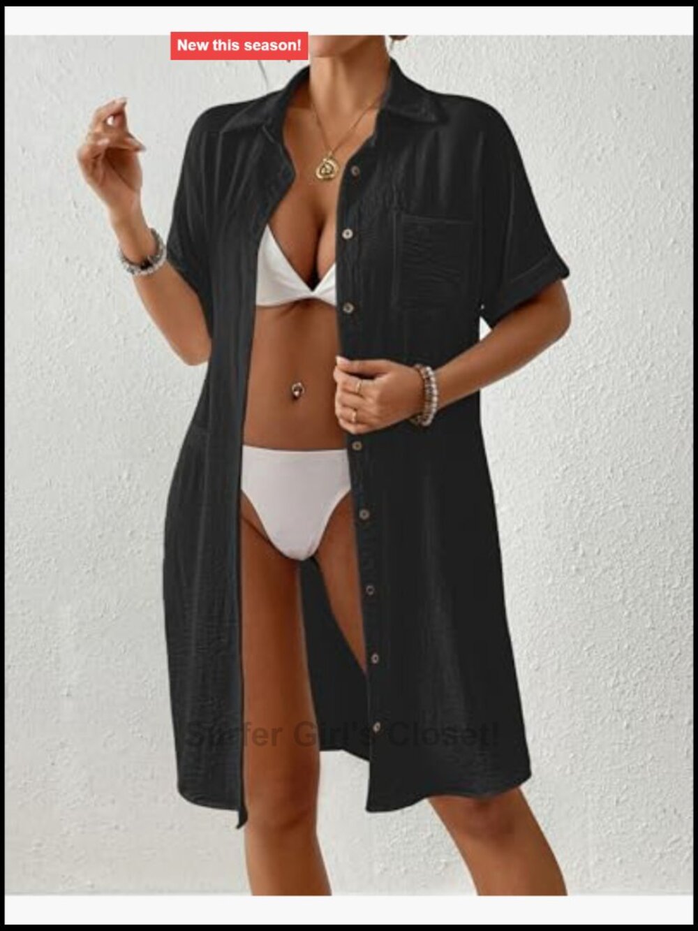Swimsuit Cover-Up Long Button Down Short Sleeve Beach Shirt Dress with Pockets - Picture 4 of 7